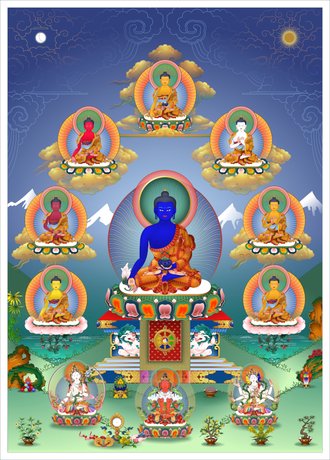 8 Medicine Buddhas with Longevity Deities